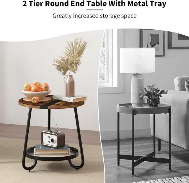 Alt view image 6 of 7 - 2 Tier Coffee Table in Living Room, Industrial Style Round End Table with Metal Tray, Small Outdoor Side Table for Bedroom Balcony Patio, Rustic Brown
