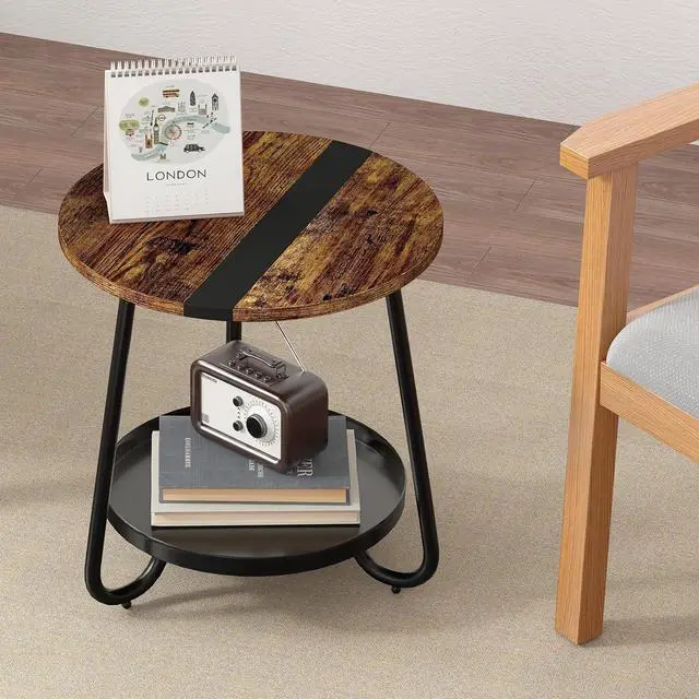 Alt view image 7 of 7 - 2 Tier Coffee Table in Living Room, Industrial Style Round End Table with Metal Tray, Small Outdoor Side Table for Bedroom Balcony Patio, Rustic Brown