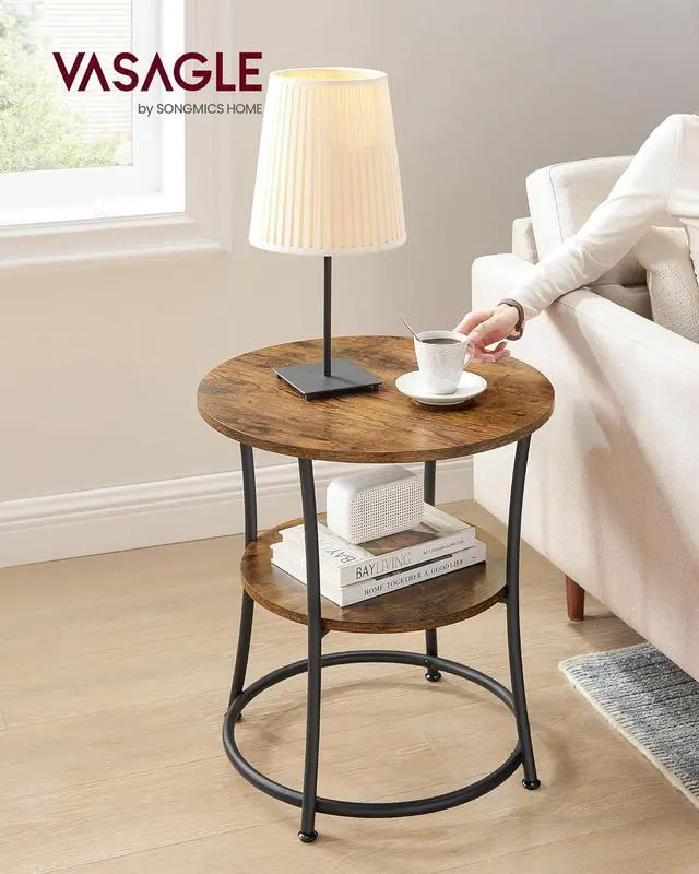 Alt view image 2 of 6 - VASAGLE Side Table, 2-Tier Round End Table, Nightstand with Steel Frame for Small Spaces, Living Room, Bedroom, Rustic Brown and Ink Black