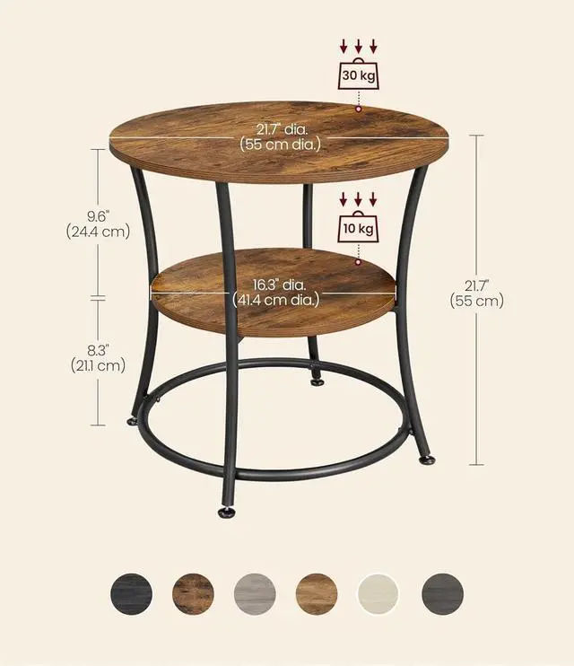 Alt view image 3 of 6 - VASAGLE Side Table, 2-Tier Round End Table, Nightstand with Steel Frame for Small Spaces, Living Room, Bedroom, Rustic Brown and Ink Black