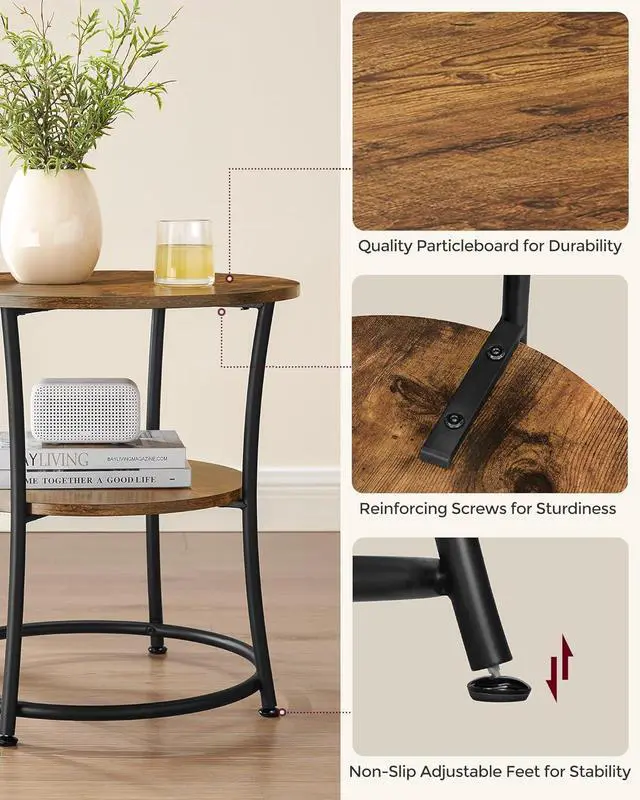 Alt view image 5 of 6 - VASAGLE Side Table, 2-Tier Round End Table, Nightstand with Steel Frame for Small Spaces, Living Room, Bedroom, Rustic Brown and Ink Black