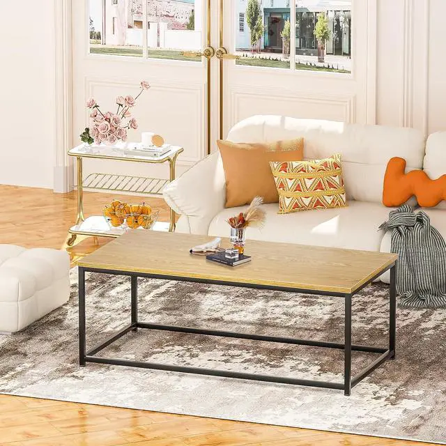 Alt view image 2 of 5 - Modern Industrial Style Rectangular Coffee Table for Living Room, Bedroom - Rustic Accent Minimalistic Furniture with Wood Grain Top & Metal Frame - Center TV Table - Light Brown
