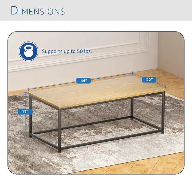 Alt view image 3 of 5 - Modern Industrial Style Rectangular Coffee Table for Living Room, Bedroom - Rustic Accent Minimalistic Furniture with Wood Grain Top & Metal Frame - Center TV Table - Light Brown