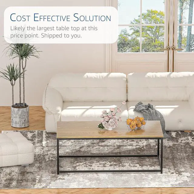 Alt view image 5 of 5 - Modern Industrial Style Rectangular Coffee Table for Living Room, Bedroom - Rustic Accent Minimalistic Furniture with Wood Grain Top & Metal Frame - Center TV Table - Light Brown