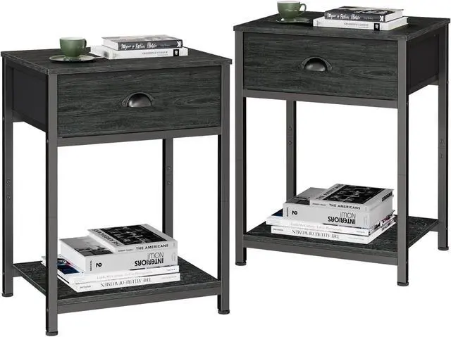 Main image of Furologee Nightstands Set of 2, Industrial End Table with Fabric Drawer&Storage Shelf, Small Bedside Table Organizer for Small Space for Living Room, Tall 23.6" Night Stand for Bedroom, Black Oak