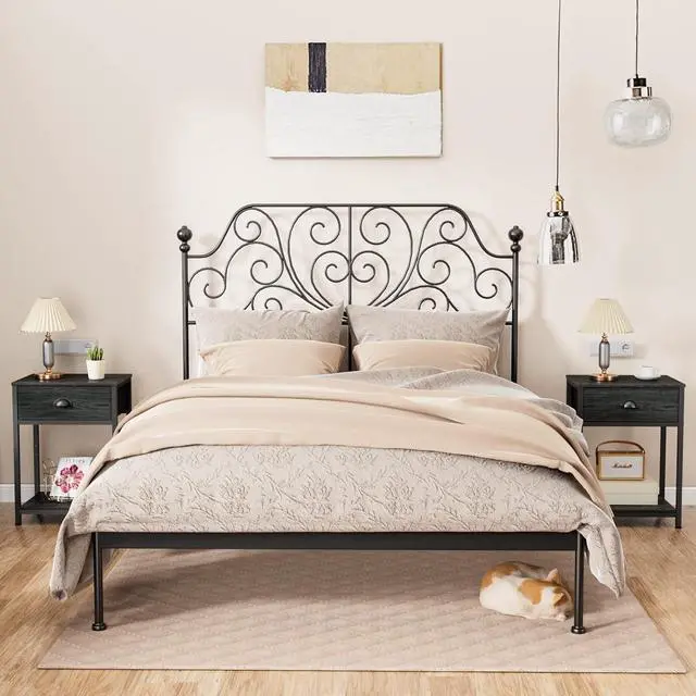 Alt view image 2 of 7 - Furologee Nightstands Set of 2, Industrial End Table with Fabric Drawer&Storage Shelf, Small Bedside Table Organizer for Small Space for Living Room, Tall 23.6" Night Stand for Bedroom, Black Oak