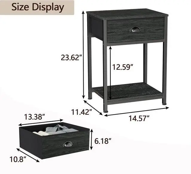 Alt view image 3 of 7 - Furologee Nightstands Set of 2, Industrial End Table with Fabric Drawer&Storage Shelf, Small Bedside Table Organizer for Small Space for Living Room, Tall 23.6" Night Stand for Bedroom, Black Oak