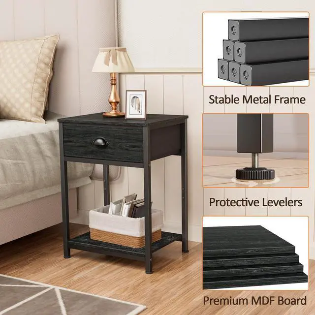 Alt view image 4 of 7 - Furologee Nightstands Set of 2, Industrial End Table with Fabric Drawer&Storage Shelf, Small Bedside Table Organizer for Small Space for Living Room, Tall 23.6" Night Stand for Bedroom, Black Oak