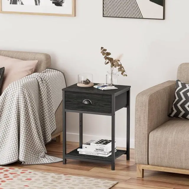 Alt view image 7 of 7 - Furologee Nightstands Set of 2, Industrial End Table with Fabric Drawer&Storage Shelf, Small Bedside Table Organizer for Small Space for Living Room, Tall 23.6" Night Stand for Bedroom, Black Oak