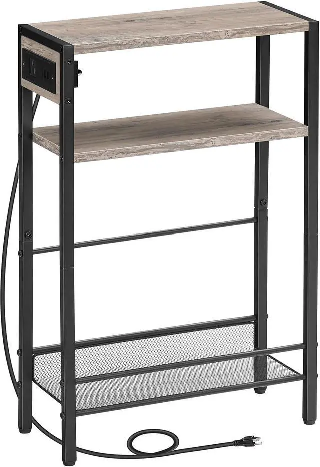 Main image of HOOBRO Small Narrow Side Table with Charging Station, Skinny End Table for Small Spaces, Slim Nightstand with USB Ports Outlet, Sofa Beside Table with Storage Shelf, Greige and Black BG102UBZ01