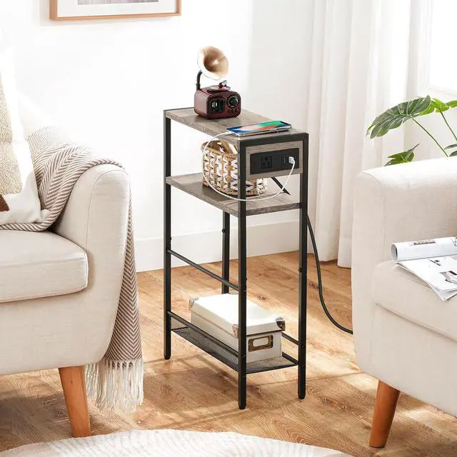 Alt view image 2 of 7 - HOOBRO Small Narrow Side Table with Charging Station, Skinny End Table for Small Spaces, Slim Nightstand with USB Ports Outlet, Sofa Beside Table with Storage Shelf, Greige and Black BG102UBZ01