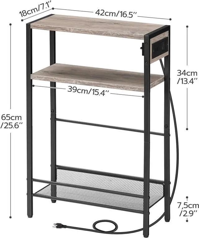 Alt view image 3 of 7 - HOOBRO Small Narrow Side Table with Charging Station, Skinny End Table for Small Spaces, Slim Nightstand with USB Ports Outlet, Sofa Beside Table with Storage Shelf, Greige and Black BG102UBZ01