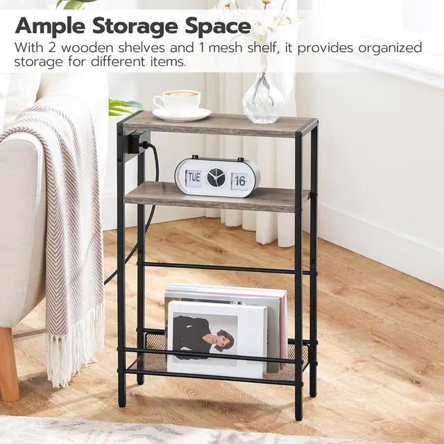 Alt view image 4 of 7 - HOOBRO Small Narrow Side Table with Charging Station, Skinny End Table for Small Spaces, Slim Nightstand with USB Ports Outlet, Sofa Beside Table with Storage Shelf, Greige and Black BG102UBZ01