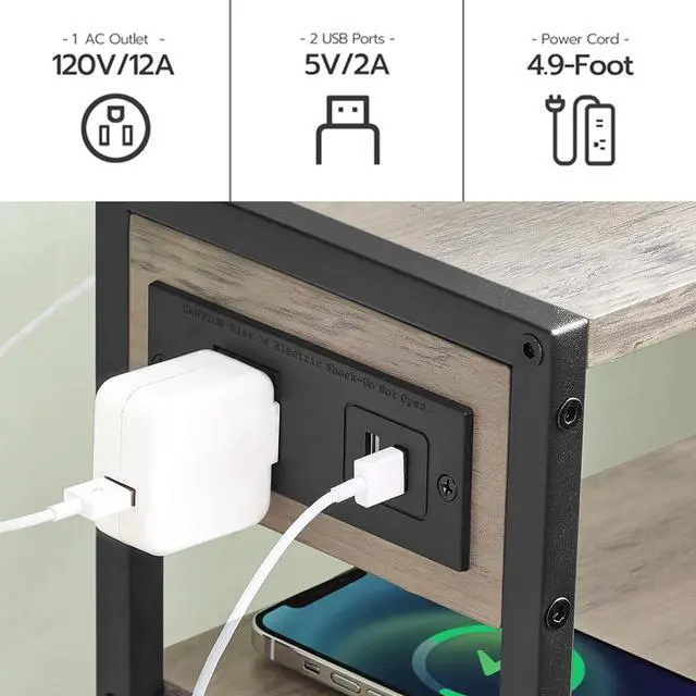Alt view image 5 of 7 - HOOBRO Small Narrow Side Table with Charging Station, Skinny End Table for Small Spaces, Slim Nightstand with USB Ports Outlet, Sofa Beside Table with Storage Shelf, Greige and Black BG102UBZ01