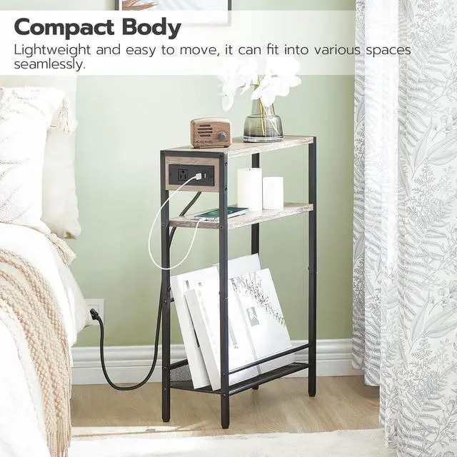 Alt view image 7 of 7 - HOOBRO Small Narrow Side Table with Charging Station, Skinny End Table for Small Spaces, Slim Nightstand with USB Ports Outlet, Sofa Beside Table with Storage Shelf, Greige and Black BG102UBZ01