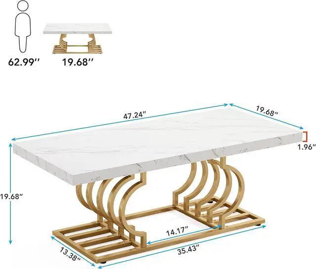 Alt view image 2 of 7 - Tribesigns Modern Coffee Table, 47 Inch Faux Marble Cocktail Table with Geometric Frame, Rectangular Center Table Tea Table Accent Furniture for Living Room, Simple Assembly (White/Gold)