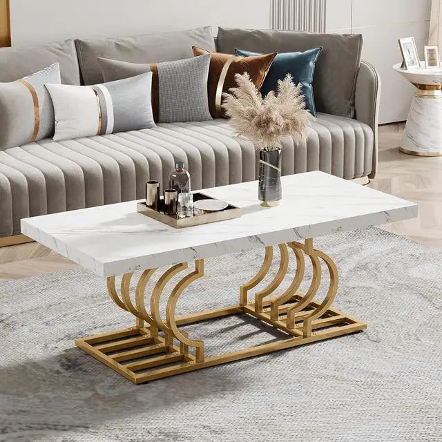 Main image of Tribesigns Modern Coffee Table, 47 Inch Faux Marble Cocktail Table with Geometric Frame, Rectangular Center Table Tea Table Accent Furniture for Living Room, Simple Assembly (White/Gold)