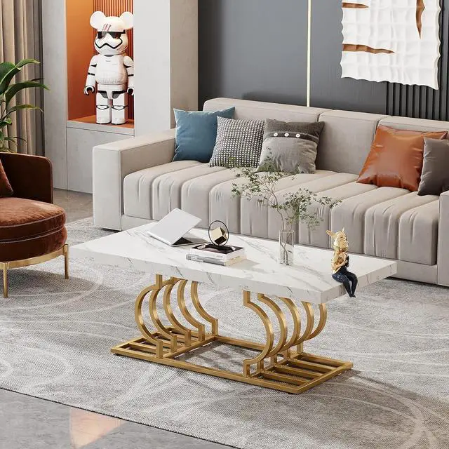 Alt view image 3 of 7 - Tribesigns Modern Coffee Table, 47 Inch Faux Marble Cocktail Table with Geometric Frame, Rectangular Center Table Tea Table Accent Furniture for Living Room, Simple Assembly (White/Gold)