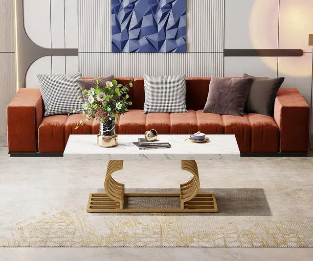 Alt view image 4 of 7 - Tribesigns Modern Coffee Table, 47 Inch Faux Marble Cocktail Table with Geometric Frame, Rectangular Center Table Tea Table Accent Furniture for Living Room, Simple Assembly (White/Gold)