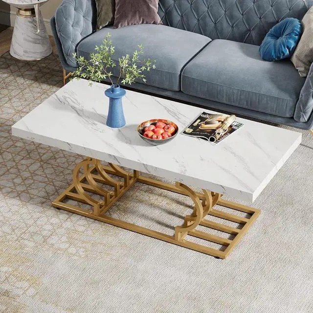 Alt view image 6 of 7 - Tribesigns Modern Coffee Table, 47 Inch Faux Marble Cocktail Table with Geometric Frame, Rectangular Center Table Tea Table Accent Furniture for Living Room, Simple Assembly (White/Gold)