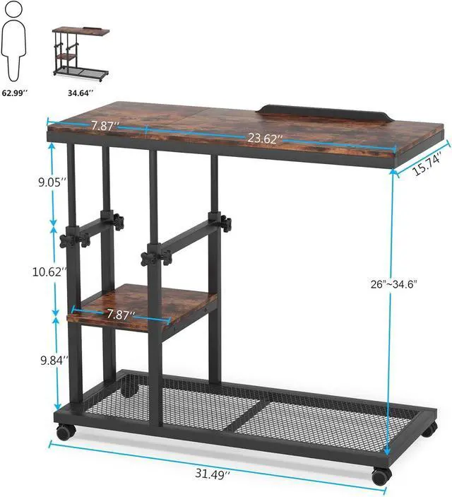 Alt view image 2 of 7 - Tribesigns Height Adjustable C Table with Wheels, Mobile Couch Snack Side Table with Tiltable Drawing Board, Sofa Bedside Laptop Stand C Shaped TV Tray with Storage Shelves (Brown)