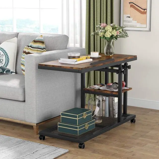 Alt view image 6 of 7 - Tribesigns Height Adjustable C Table with Wheels, Mobile Couch Snack Side Table with Tiltable Drawing Board, Sofa Bedside Laptop Stand C Shaped TV Tray with Storage Shelves (Brown)