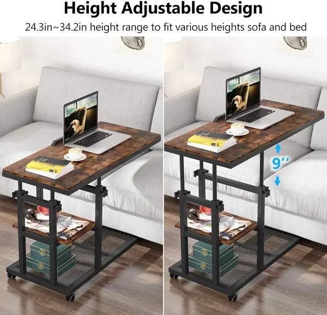Alt view image 7 of 7 - Tribesigns Height Adjustable C Table with Wheels, Mobile Couch Snack Side Table with Tiltable Drawing Board, Sofa Bedside Laptop Stand C Shaped TV Tray with Storage Shelves (Brown)