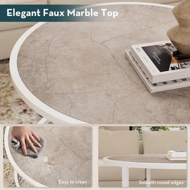 Alt view image 4 of 7 - SAYGOER Small Round Coffee Table, Marble Coffee Tables for Living Room, White Modern Center Table for Small Space Home Office Gardern, 27.6 × 27.6 × 17.7inch, White Faux Marble