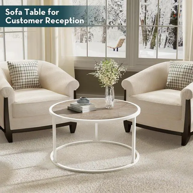 Alt view image 6 of 7 - SAYGOER Small Round Coffee Table, Marble Coffee Tables for Living Room, White Modern Center Table for Small Space Home Office Gardern, 27.6 × 27.6 × 17.7inch, White Faux Marble