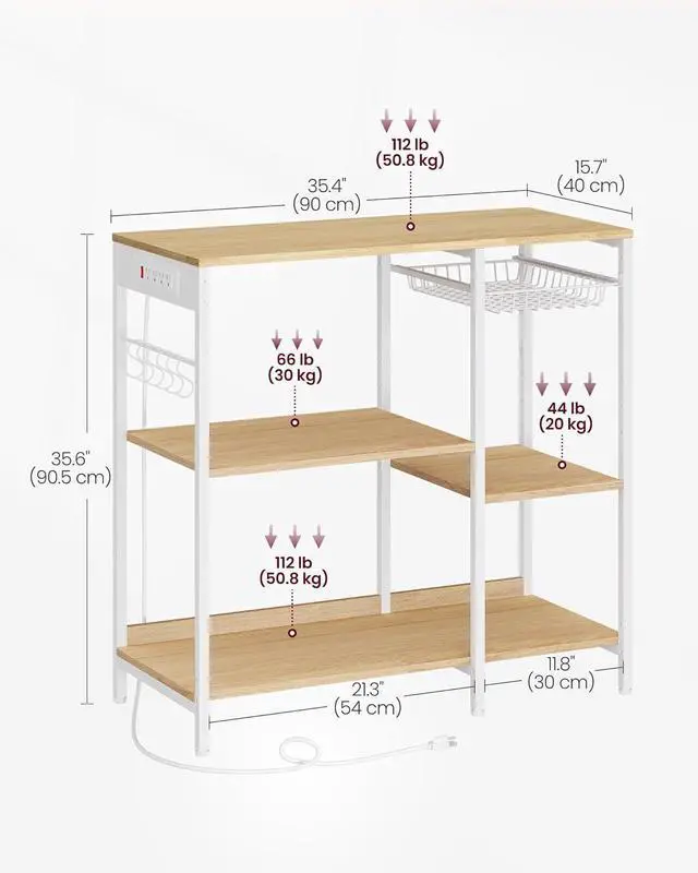 Alt view image 3 of 7 - VASAGLE Baker's Rack, Coffee Bar Stand with Charging Station, Storage Shelves, Pull-Out Wire Basket, Table for Microwave, Kitchen, Oak Beige UKKS036Y09, 15.7 x 35.4 x 35.6 Inches