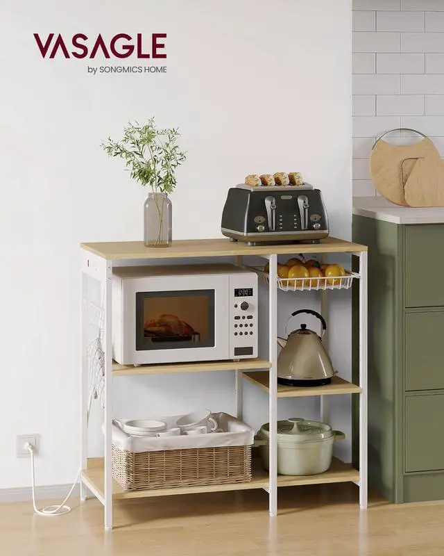 Alt view image 2 of 7 - VASAGLE Baker's Rack, Coffee Bar Stand with Charging Station, Storage Shelves, Pull-Out Wire Basket, Table for Microwave, Kitchen, Oak Beige UKKS036Y09, 15.7 x 35.4 x 35.6 Inches