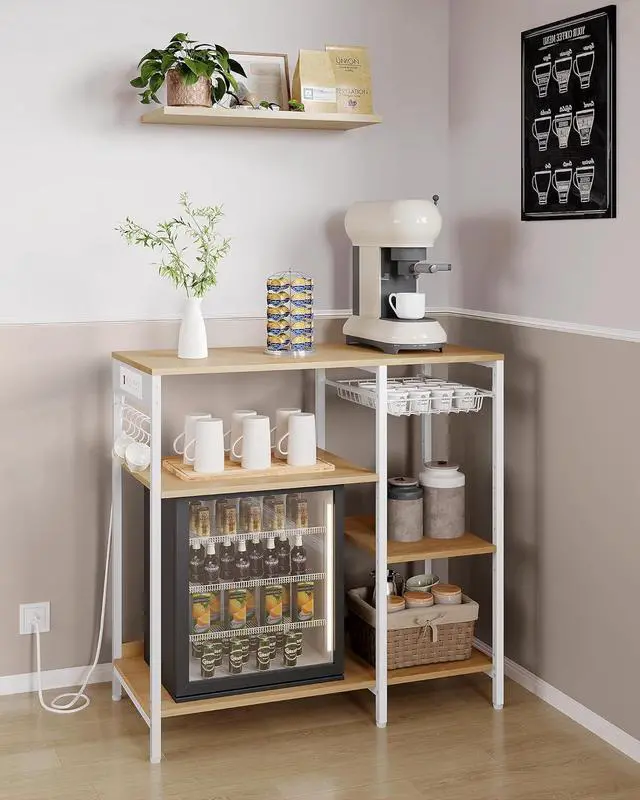 Alt view image 4 of 7 - VASAGLE Baker's Rack, Coffee Bar Stand with Charging Station, Storage Shelves, Pull-Out Wire Basket, Table for Microwave, Kitchen, Oak Beige UKKS036Y09, 15.7 x 35.4 x 35.6 Inches