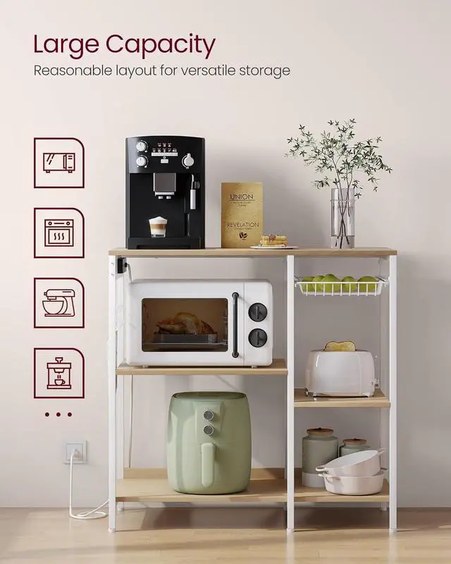 Alt view image 5 of 7 - VASAGLE Baker's Rack, Coffee Bar Stand with Charging Station, Storage Shelves, Pull-Out Wire Basket, Table for Microwave, Kitchen, Oak Beige UKKS036Y09, 15.7 x 35.4 x 35.6 Inches