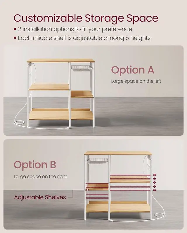 Alt view image 6 of 7 - VASAGLE Baker's Rack, Coffee Bar Stand with Charging Station, Storage Shelves, Pull-Out Wire Basket, Table for Microwave, Kitchen, Oak Beige UKKS036Y09, 15.7 x 35.4 x 35.6 Inches