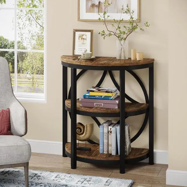 Alt view image 2 of 7 - LITTLE TREE Half Round End Table, 3-Tier Narrow Side Table with Metal Frame, Half Circle Table, Half Moon Small Coffee Accent Table Bedside Table for Living Room, Bedroom