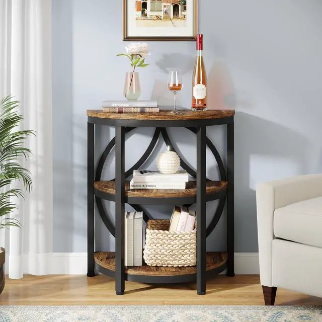 Alt view image 5 of 7 - LITTLE TREE Half Round End Table, 3-Tier Narrow Side Table with Metal Frame, Half Circle Table, Half Moon Small Coffee Accent Table Bedside Table for Living Room, Bedroom