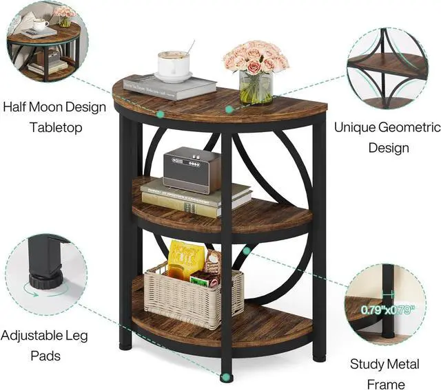 Alt view image 7 of 7 - LITTLE TREE Half Round End Table, 3-Tier Narrow Side Table with Metal Frame, Half Circle Table, Half Moon Small Coffee Accent Table Bedside Table for Living Room, Bedroom