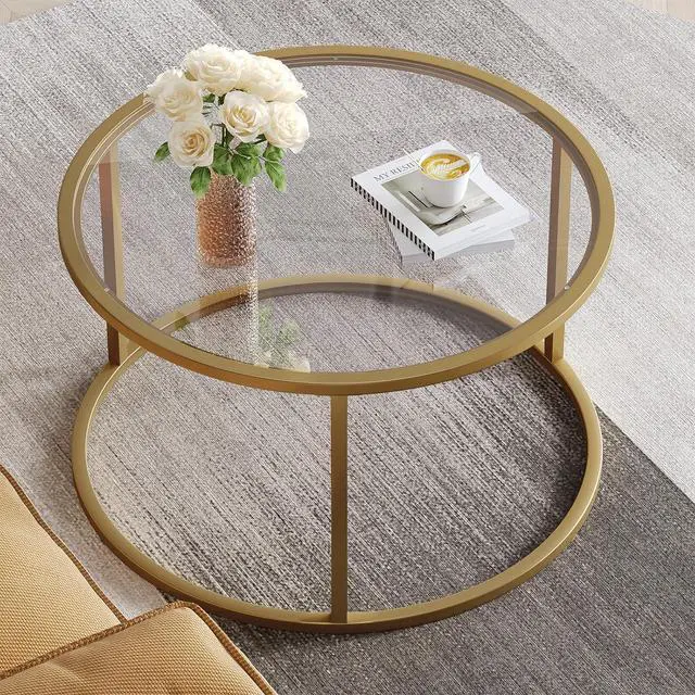 Alt view image 2 of 7 - SAYGOER Small Glass Coffee Table Round Gold Coffee Table for Small Space Modern Simple Center Table with Gold Frame for Living Room Home Office, Easy Assembly