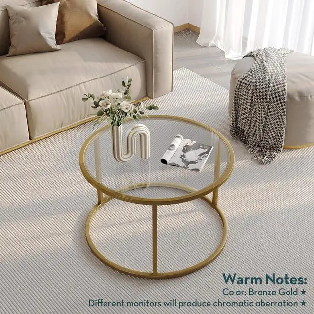 Alt view image 6 of 7 - SAYGOER Small Glass Coffee Table Round Gold Coffee Table for Small Space Modern Simple Center Table with Gold Frame for Living Room Home Office, Easy Assembly