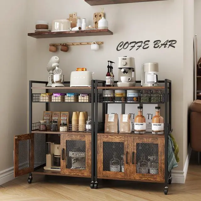 Alt view image 2 of 7 - Coffee Bar Cabinet, 3 Tier Coffee Station Table on Wheels, 35.9" H Bar Cart with Wire Basket Drawer & 5 Hooks for Home Kitchen, Liquor Buffet Sideboard Cabinet (Rustic Brown)