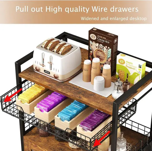 Alt view image 3 of 7 - Coffee Bar Cabinet, 3 Tier Coffee Station Table on Wheels, 35.9" H Bar Cart with Wire Basket Drawer & 5 Hooks for Home Kitchen, Liquor Buffet Sideboard Cabinet (Rustic Brown)