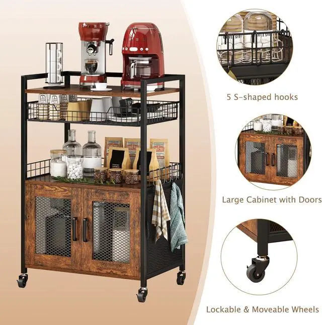 Alt view image 4 of 7 - Coffee Bar Cabinet, 3 Tier Coffee Station Table on Wheels, 35.9" H Bar Cart with Wire Basket Drawer & 5 Hooks for Home Kitchen, Liquor Buffet Sideboard Cabinet (Rustic Brown)