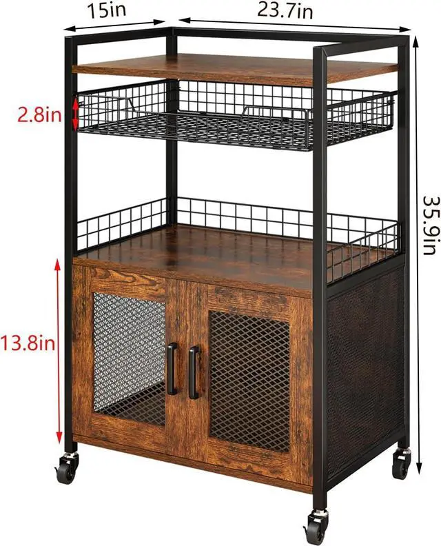 Alt view image 5 of 7 - Coffee Bar Cabinet, 3 Tier Coffee Station Table on Wheels, 35.9" H Bar Cart with Wire Basket Drawer & 5 Hooks for Home Kitchen, Liquor Buffet Sideboard Cabinet (Rustic Brown)