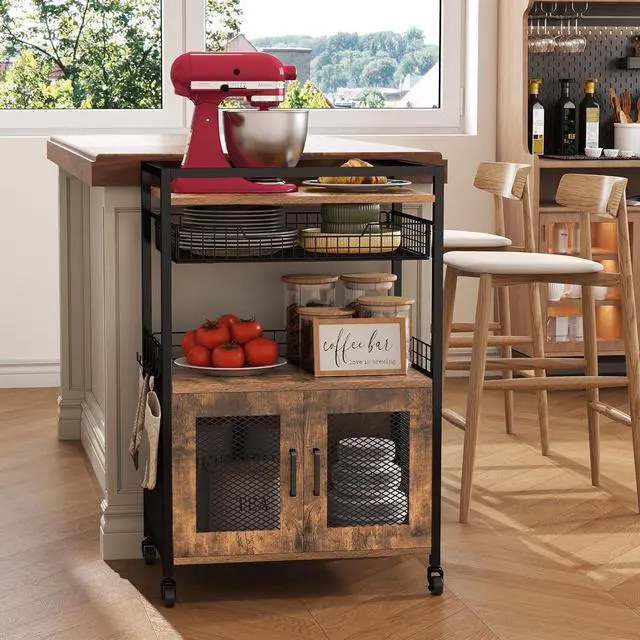 Alt view image 7 of 7 - Coffee Bar Cabinet, 3 Tier Coffee Station Table on Wheels, 35.9" H Bar Cart with Wire Basket Drawer & 5 Hooks for Home Kitchen, Liquor Buffet Sideboard Cabinet (Rustic Brown)