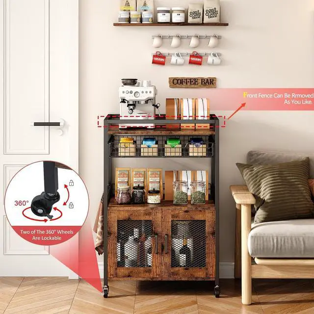 Alt view image 6 of 7 - Coffee Bar Cabinet, 3 Tier Coffee Station Table on Wheels, 35.9" H Bar Cart with Wire Basket Drawer & 5 Hooks for Home Kitchen, Liquor Buffet Sideboard Cabinet (Rustic Brown)