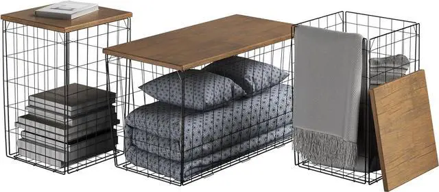 Alt view image 2 of 7 - Set of 3 Living Room Tables - Metal Basket Storage with Removable Lids - 2 Small Side and 1 Large Accent Table by Lavish Home (Brown/Black)