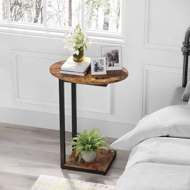 Alt view image 3 of 5 - Hosfais Side Table Small End Table, C-Shaped Wood Sofa Table with Metal Frame for Living Room, Bedroom, Small Spaces (Rustic Brown)