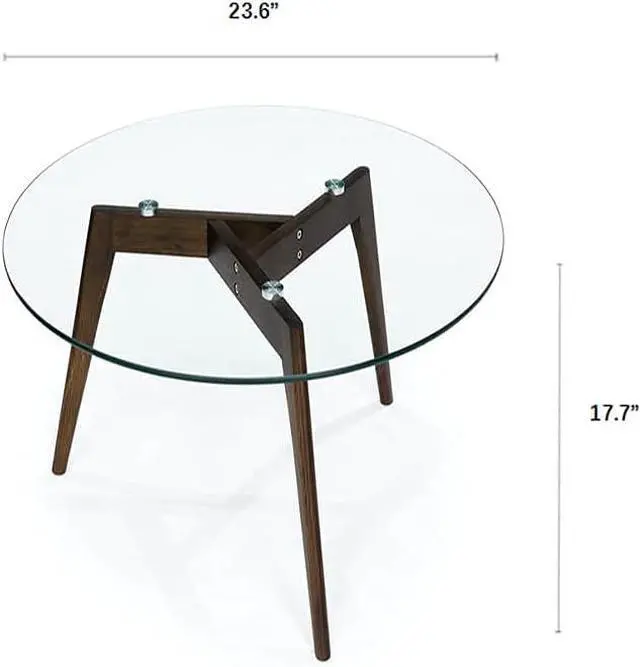 Alt view image 3 of 7 - Round Tempered Glass End Table, Round Mid Century Coffee Table, Minimalist Small Coffee Table for Small Spaces Living Room Office, with Triskele Walnut Wood Legs (23.6" D x 17.7" H)