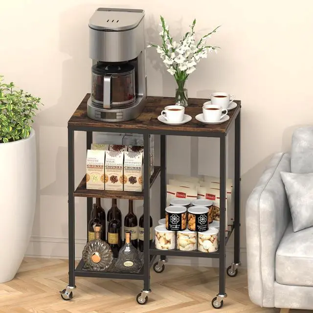Alt view image 7 of 7 - Kitchen Microwave Cart,Microwave Stand with Wheels,Coffee Bar Table Station,4-Tier Rolling Baker's Rack,Small Appliance Storage Shelf,Utility Side Table for Kitchen,Living Room (Rustic Brown)