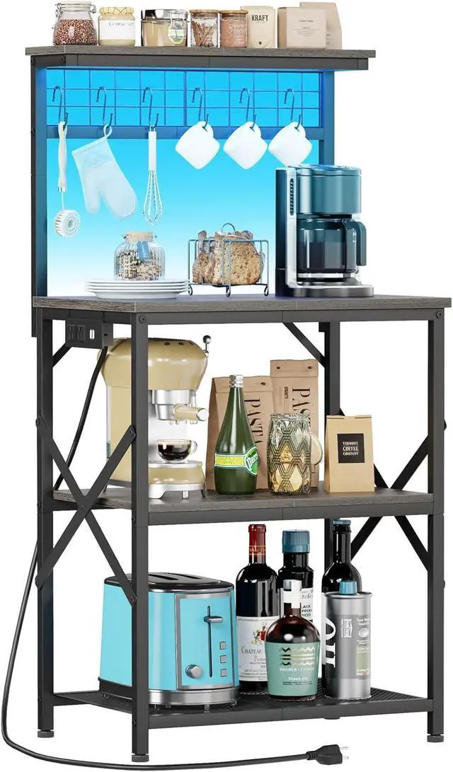 Main image of Furologee Bakers Rack with Power Outlet and LED Light, Small Coffee Bar Station with 4 Tier Shelves, Microwave Stand Table with 6 S Hooks, Kitchen Storage Rack for Spices, Pots, Black Oak